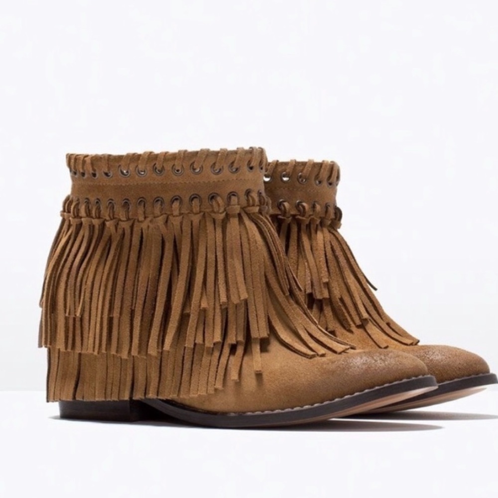 Zara Suede Finge Boho Wedge Ankle Boots 9 - Picture 2 of 9